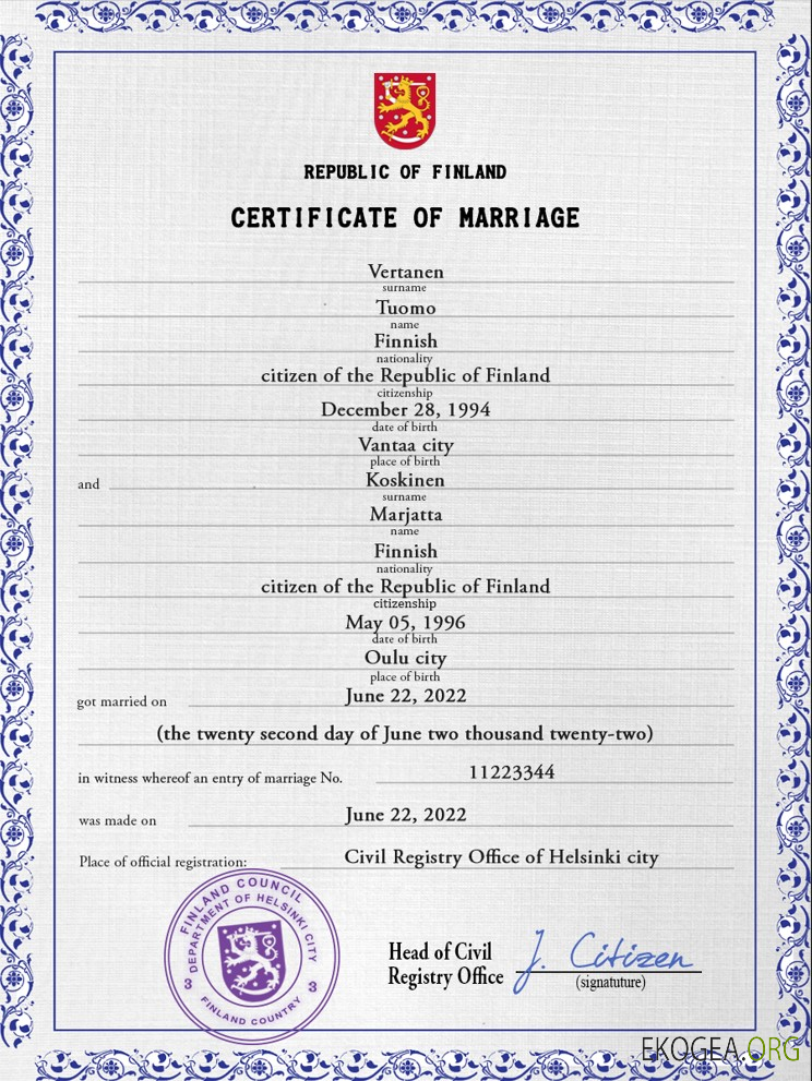 Modèle PSD de certificat de mariage finlandais